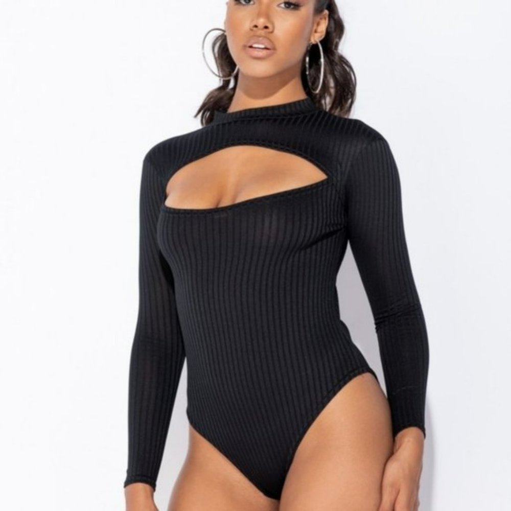 Black Long Sleeve High Neck Cutout Bodycon Bodysuit Top Leotard
